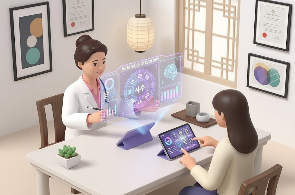 상담사가 테이블에서 상담하며 홀로그램 정보를 보고 있는 장면.