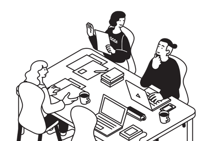 사무실에서 회의 중인 네 명의 사람들이 테이블에 앉아 서로 의견을 나누고 있는 모습.